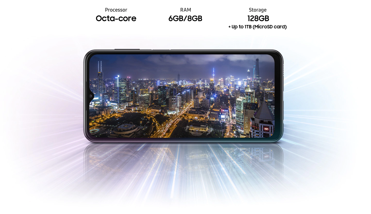 Galaxy A23 shows night city view, indicating device offers Octa-core processor, 6GB/8GB RAM, 128GB with up to 1TB-storage.